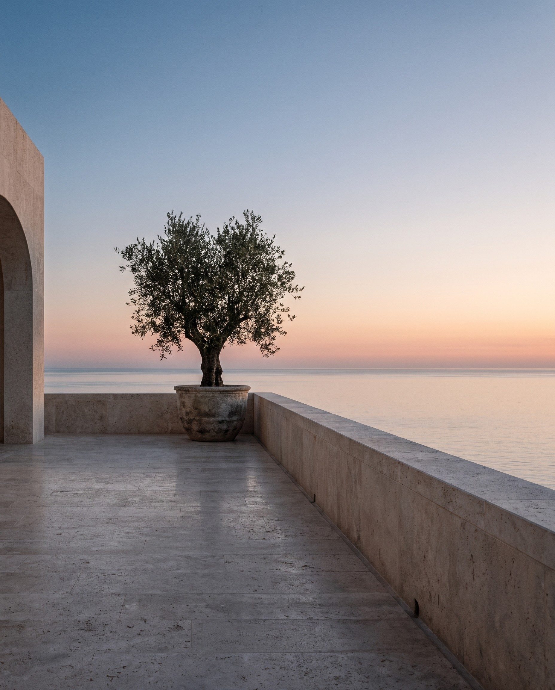 An AI-generated stone terrace above the sea at first light, a potted olive tree against a pale sky.
